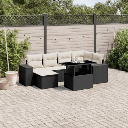 Set canapele de grădină cu perne, 7 piese, negru, poliratan GartenMobel Dekor