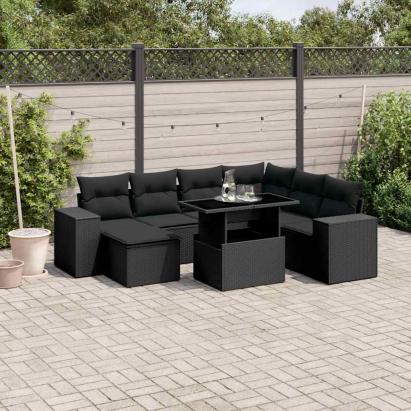 Set mobilier de grădină cu perne, 8 piese, negru, poliratan GartenMobel Dekor