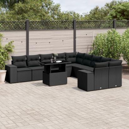 Set canapele de grădină cu perne, 11 piese, negru, poliratan GartenMobel Dekor