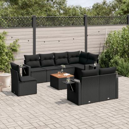 Set mobilier de grădină cu perne, 9 piese, negru, poliratan GartenMobel Dekor