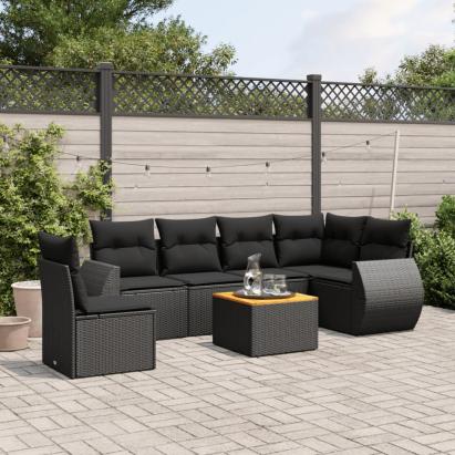 Set canapele de grădină cu perne, 7 piese, negru, poliratan GartenMobel Dekor