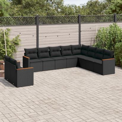 Set canapele de grădină cu perne, 10 piese, negru, poliratan GartenMobel Dekor