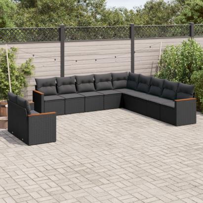 Set canapele de grădină cu perne, 11 piese, negru, poliratan GartenMobel Dekor