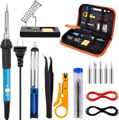 Set Profesional 15 Piese pentru Lipire – Pistol de Lipit, Suport cu Arc, Varfuri Interschimbabile, Pompa cositor, Penseta si Accesorii Complete in Husa Portabila FAVLine Selection
