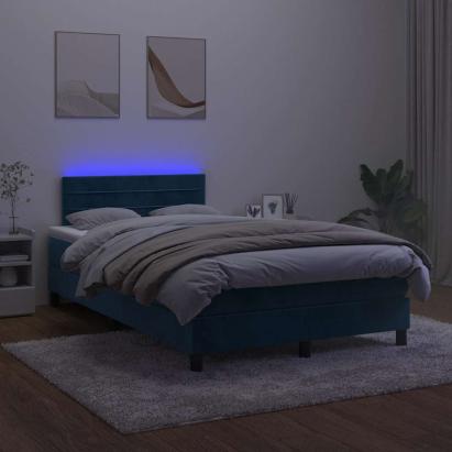 Pat box spring cu saltea/LED albastru închis 120x190cm catifea GartenMobel Dekor