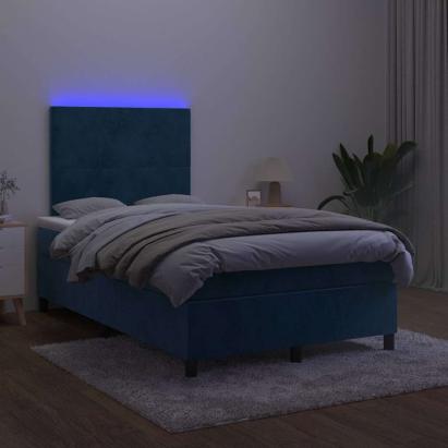 Pat box spring cu saltea/LED albastru închis 120x190cm catifea GartenMobel Dekor