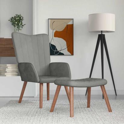 Scaun de relaxare cu taburet, gri deschis, catifea GartenMobel Dekor