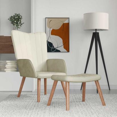 Scaun de relaxare cu taburet, alb crem, catifea GartenMobel Dekor