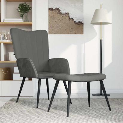 Scaun de relaxare cu taburet, gri închis, catifea GartenMobel Dekor