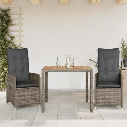Set bistro de grădină cu perne, 3 piese, gri, poliratan GartenMobel Dekor