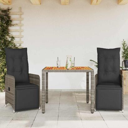 Set bistro de grădină cu perne, 3 piese, gri, poliratan GartenMobel Dekor