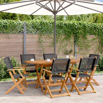 Set masă pentru grădină, 7 piese, negru, poliratan/lemn masiv GartenMobel Dekor
