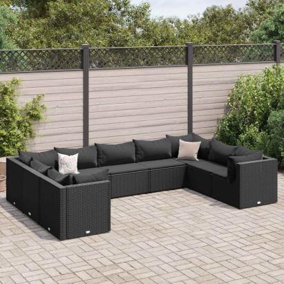 Set mobilier de grădină cu perne, 9 piese, negru, poliratan GartenMobel Dekor