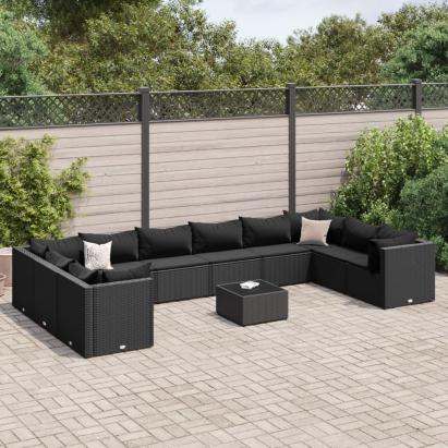 Set mobilier de grădină cu perne, 11 piese, negru, poliratan GartenMobel Dekor