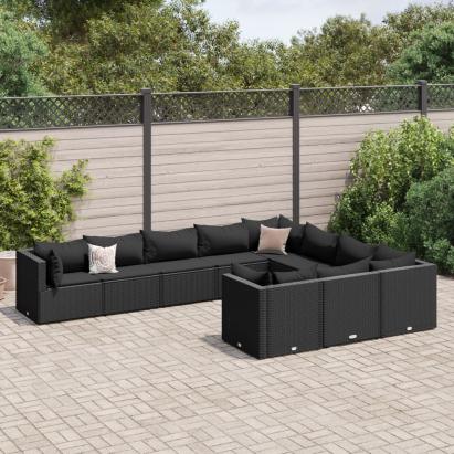 Set canapele de grădină cu perne, 10 piese, negru, poliratan GartenMobel Dekor