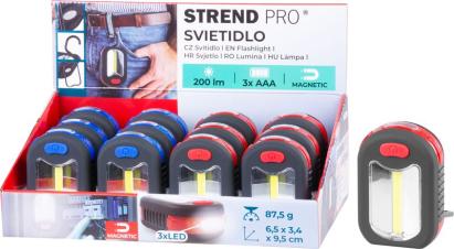 Svietidlo Strend Pro Worklight, prívesok, LED 200 lm, magnet, s klipsou, červená/modrá, 3x AAA, Sellbox 12 ks