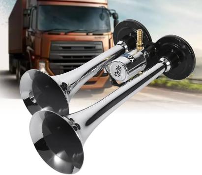 Claxon bitonal cu 2 goarne, alimentare 12/24V pentru vehiculele dotate cu compresor de aer, culoare Crom/Negru FAVLine Selection