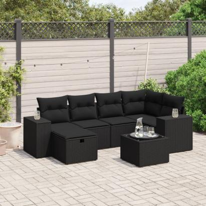 Set canapele de grădină cu perne, 7 piese, negru, poliratan GartenMobel Dekor