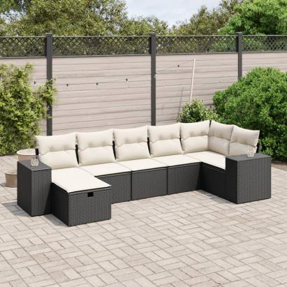 Set canapele de grădină cu perne, 7 piese, negru, poliratan GartenMobel Dekor