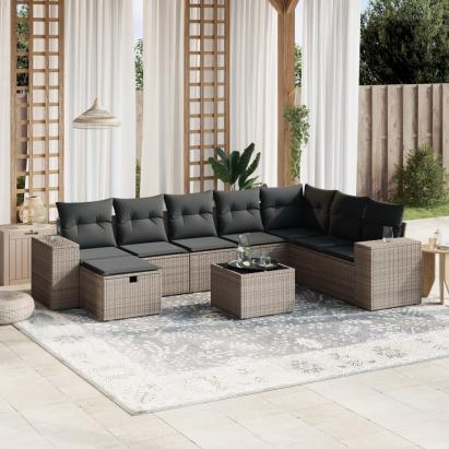 Set canapele de grădină, 9 piese, cu perne, gri, poliratan GartenMobel Dekor