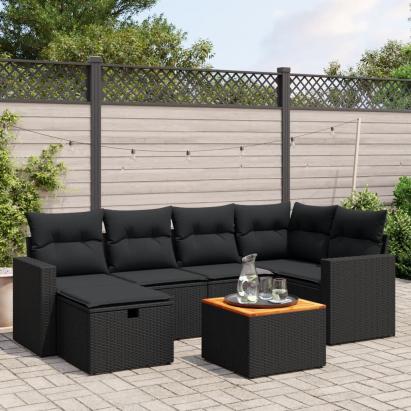 Set canapele de grădină cu perne, 7 piese, negru, poliratan GartenMobel Dekor