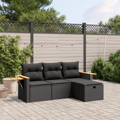 Set mobilier de grădină cu perne, 4 piese, negru, poliratan GartenMobel Dekor