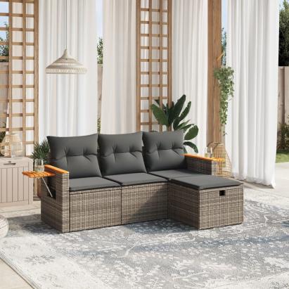 Set canapea de grădină cu perne, 4 piese, gri, poliratan GartenMobel Dekor