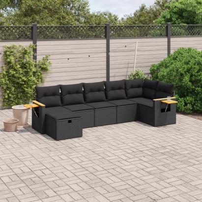 Set canapele de grădină cu perne, 7 piese, negru, poliratan GartenMobel Dekor