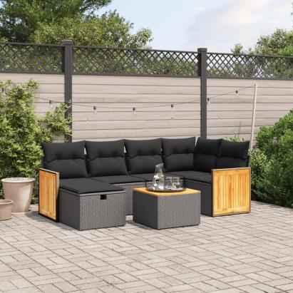Set canapele de grădină cu perne, 7 piese, negru, poliratan GartenMobel Dekor