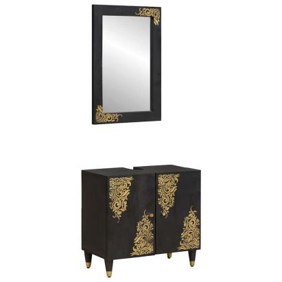 Set dulap baie Pe perete cu ușă 2 pcs Negru Lemn de mango solid GartenMobel Dekor