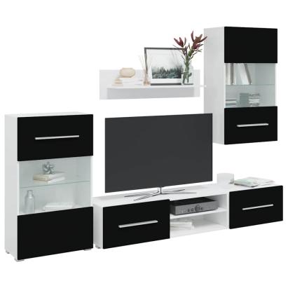 Unități TV de 5 piese cu iluminare LED lemn prelucrat negru mat GartenMobel Dekor