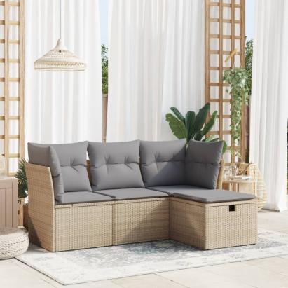 Set canapele de grădină, 4 piese, cu perne, bej, poliratan GartenMobel Dekor