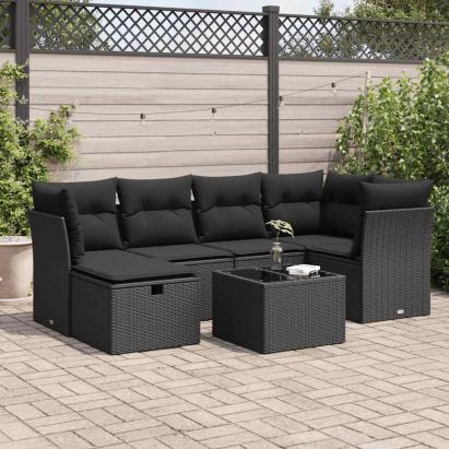 Set canapele de grădină cu perne, 7 piese, negru, poliratan GartenMobel Dekor