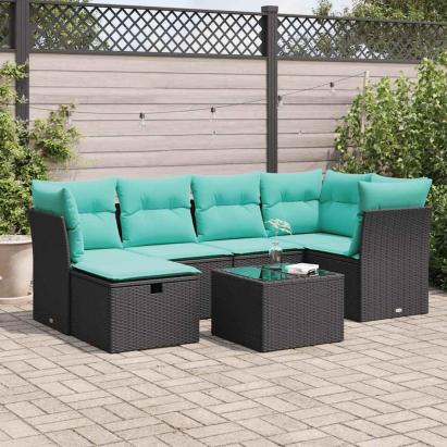 Set canapele de grădină cu perne, 7 piese, negru, poliratan GartenMobel Dekor