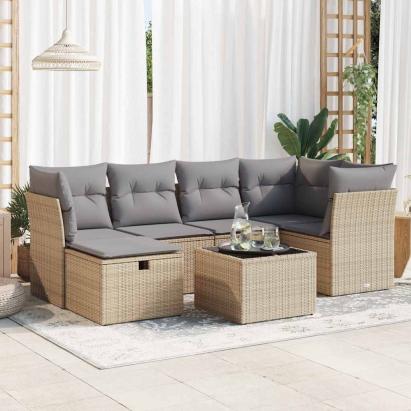 Set canapele de grădină, 7 piese, cu perne, bej, poliratan GartenMobel Dekor