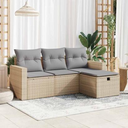 Set canapele de grădină, 4 piese, cu perne, bej, poliratan GartenMobel Dekor
