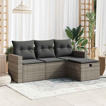 Set canapea de grădină cu perne, 4 piese, gri, poliratan GartenMobel Dekor