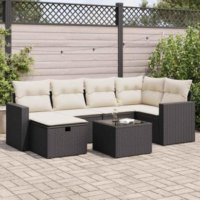 Set canapele de grădină cu perne, 7 piese, negru, poliratan GartenMobel Dekor