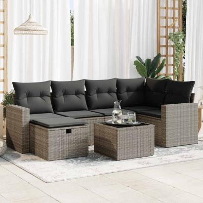 Set canapele de grădină, 7 piese, cu perne, gri, poliratan GartenMobel Dekor