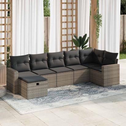 Set canapele de grădină, 7 piese, cu perne, gri, poliratan GartenMobel Dekor