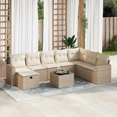 Set canapele de grădină, 9 piese, cu perne, bej, poliratan GartenMobel Dekor