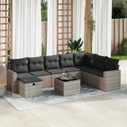 Set canapele de grădină, 9 piese, cu perne, gri, poliratan GartenMobel Dekor