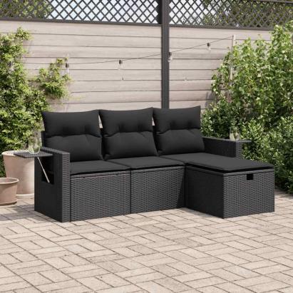 Set mobilier de grădină cu perne, 4 piese, negru, poliratan GartenMobel Dekor