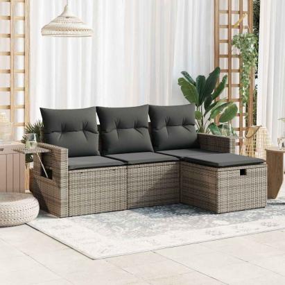 Set canapea de grădină cu perne, 4 piese, gri, poliratan GartenMobel Dekor
