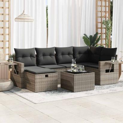 Set canapele de grădină, 7 piese, cu perne, gri, poliratan GartenMobel Dekor