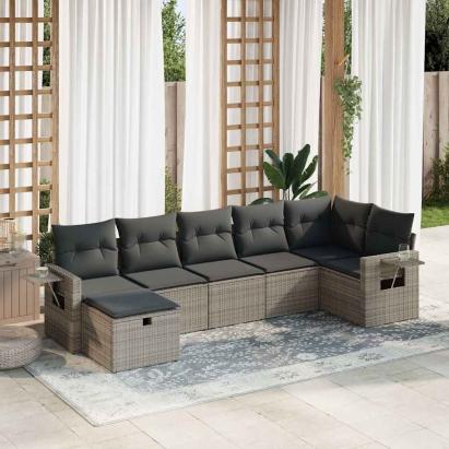 Set canapele de grădină, 7 piese, cu perne, gri, poliratan GartenMobel Dekor