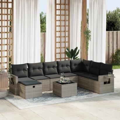 Set canapele de grădină, 9 piese, cu perne, gri, poliratan GartenMobel Dekor