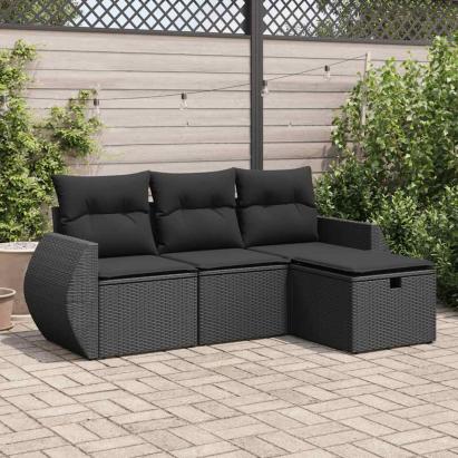Set mobilier de grădină cu perne, 4 piese, negru, poliratan GartenMobel Dekor