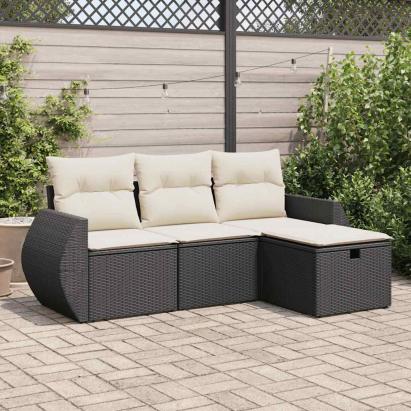 Set mobilier de grădină cu perne, 4 piese, negru, poliratan GartenMobel Dekor