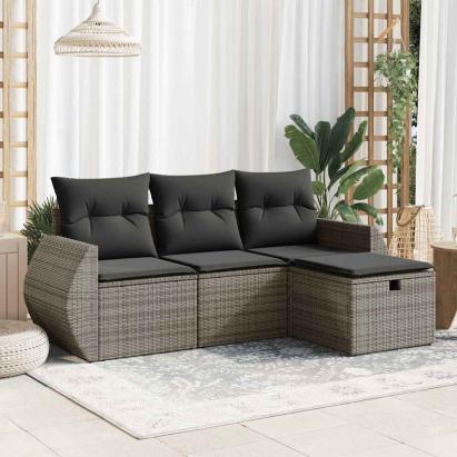 Set canapea de grădină cu perne, 4 piese, gri, poliratan GartenMobel Dekor
